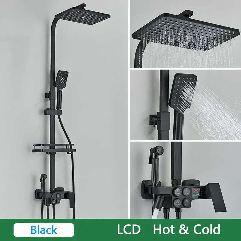 Black matte shower set with square rainhead handheld spray and decorbites brass lcd thermostatic control panel