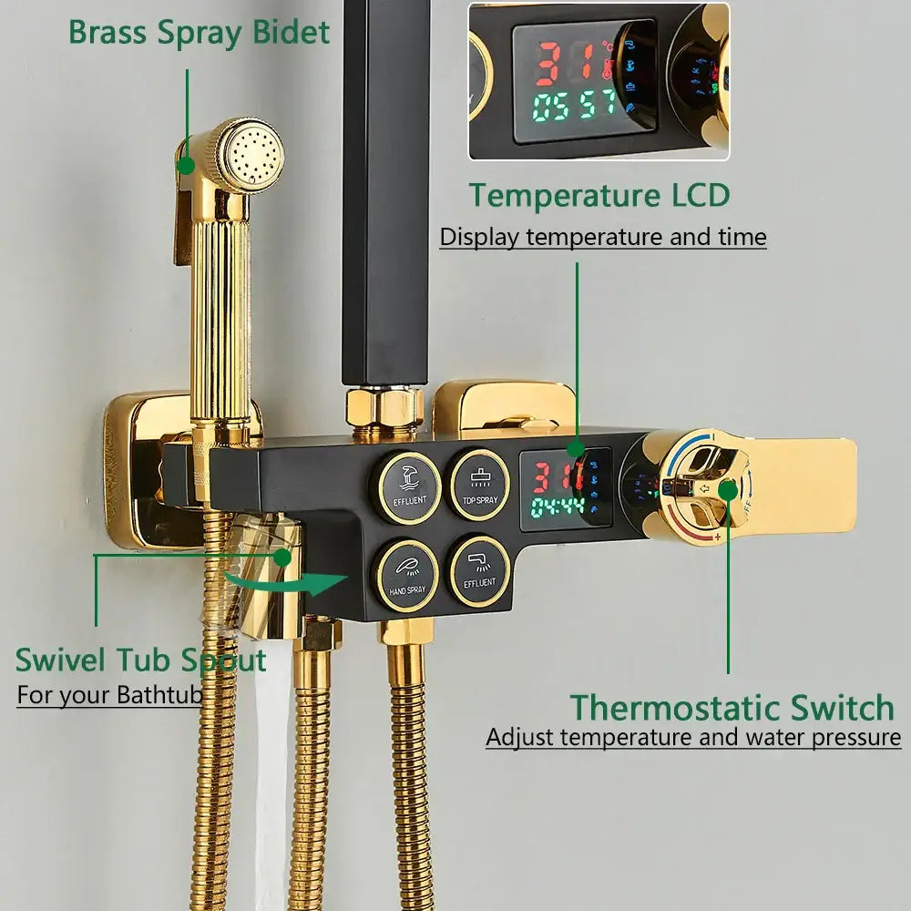 Gold-finished brass lcd thermostatic shower set with black control panel and digital temperature display by decorbites