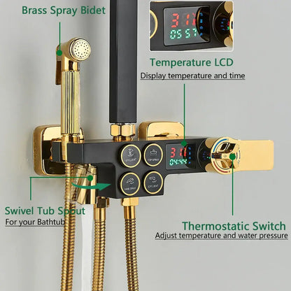Gold-finished brass lcd thermostatic shower set with black control panel and digital temperature display by decorbites