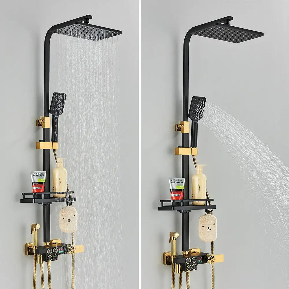 Black and gold decorbites brass lcd thermostatic shower set with square rainhead handheld spray and integrated control panel
