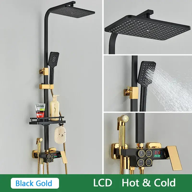 Black and gold decorbites brass lcd thermostatic shower set with square rainhead and handheld spray for bathroom use