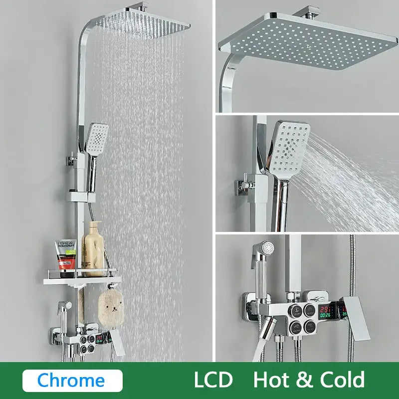 Chrome finished shower set with large square rainhead handheld spray and decorbites brass lcd thermostatic control panel