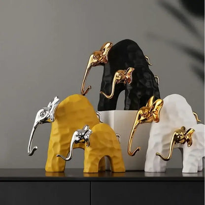 Set of modern golden resin decorbites elephant mother-calf sculptures in black gold silver and white for living room decor