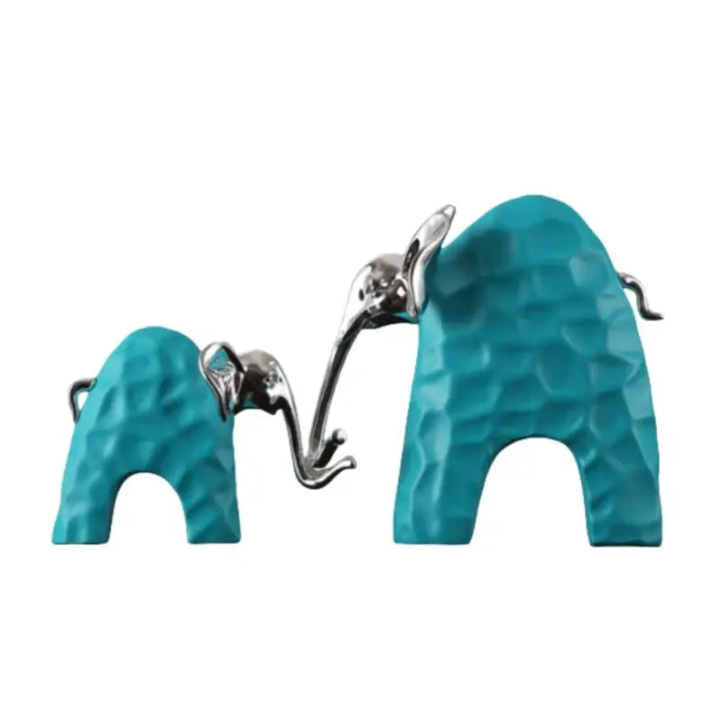 Turquoise and silver metallic decorbites elephant mother-calf with hammered texture for elegant home decorbites elephant decor
