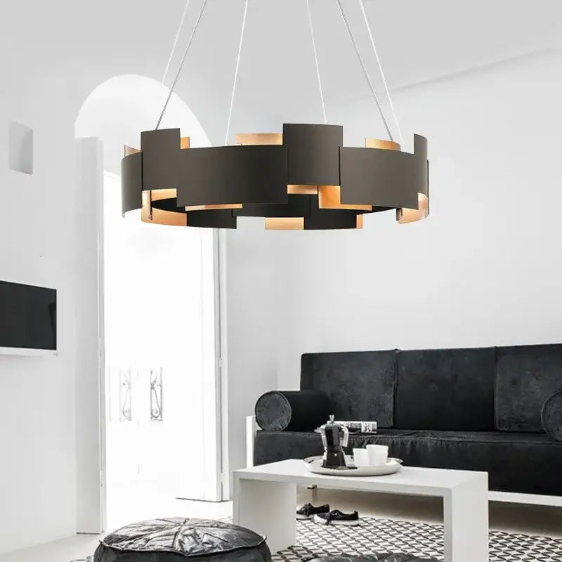 Black and gold geometric ceiling chandelier with modern layered design for black scandinavian style living room decorbites black scandinavian
