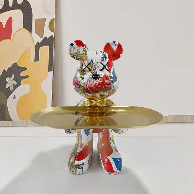 Glossy black and gold decorbites graffiti bear figurine with union jack motif and tray for living room decor