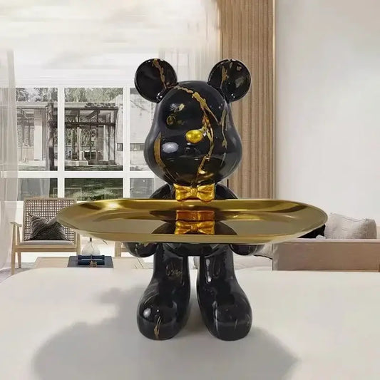 Black and gold graffiti bear figurine with gold marble veining and tray for living room decorbites decor