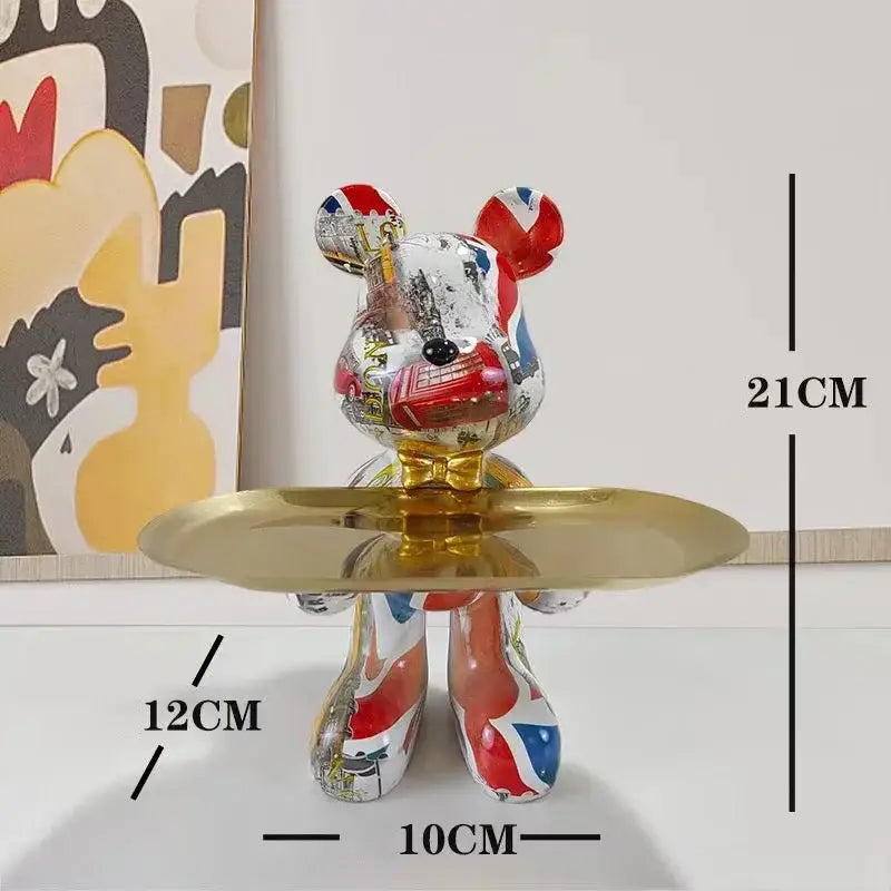 Glossy british-themed decorbites graffiti bear figurine in black and gold with union jack and gold tray for living room decor