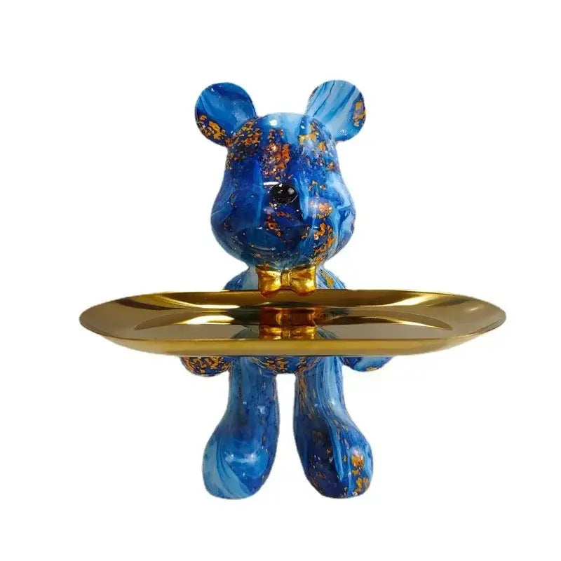 Blue bear figurine with gold leaf accents holding a golden tray decorbites graffiti bear figurine for living room decor