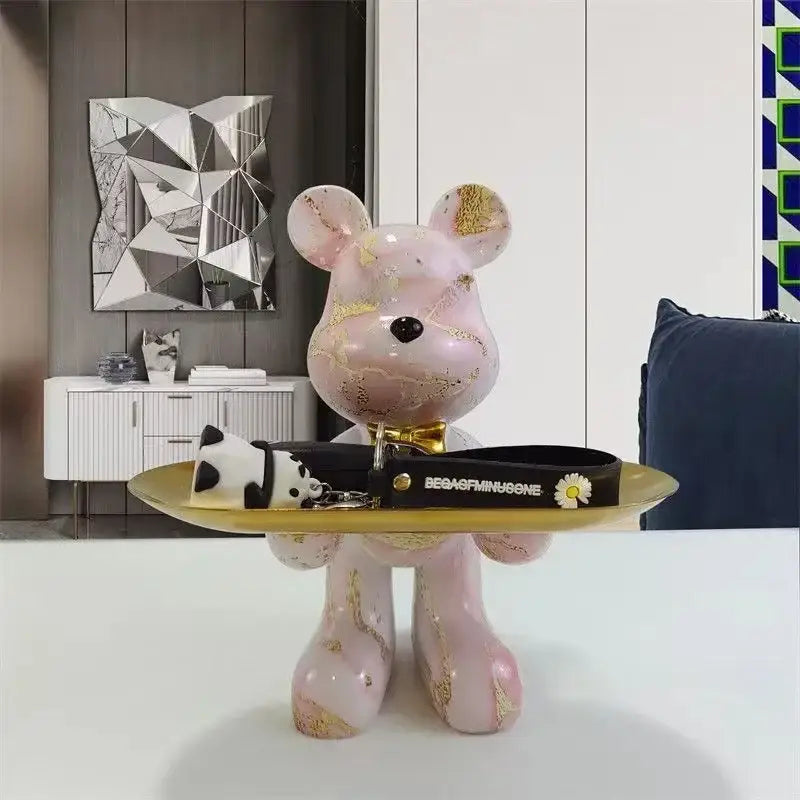 Pink bear figurine with gold marbling and black bow tie decorbites graffiti bear figurine for living room decor