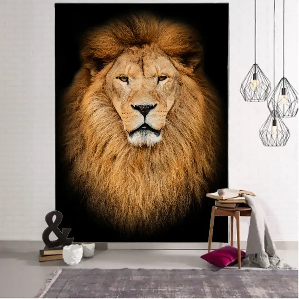 Black and gold lion world tapestry with detailed realistic mane and intense gaze for living room wall art hanging cloth