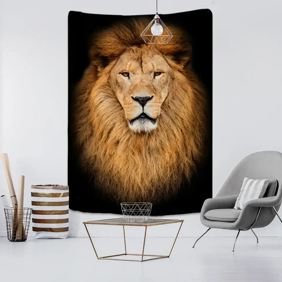 Black and gold lion world tapestry with detailed mane and intense gaze for living room tapestry hanging cloth wall art