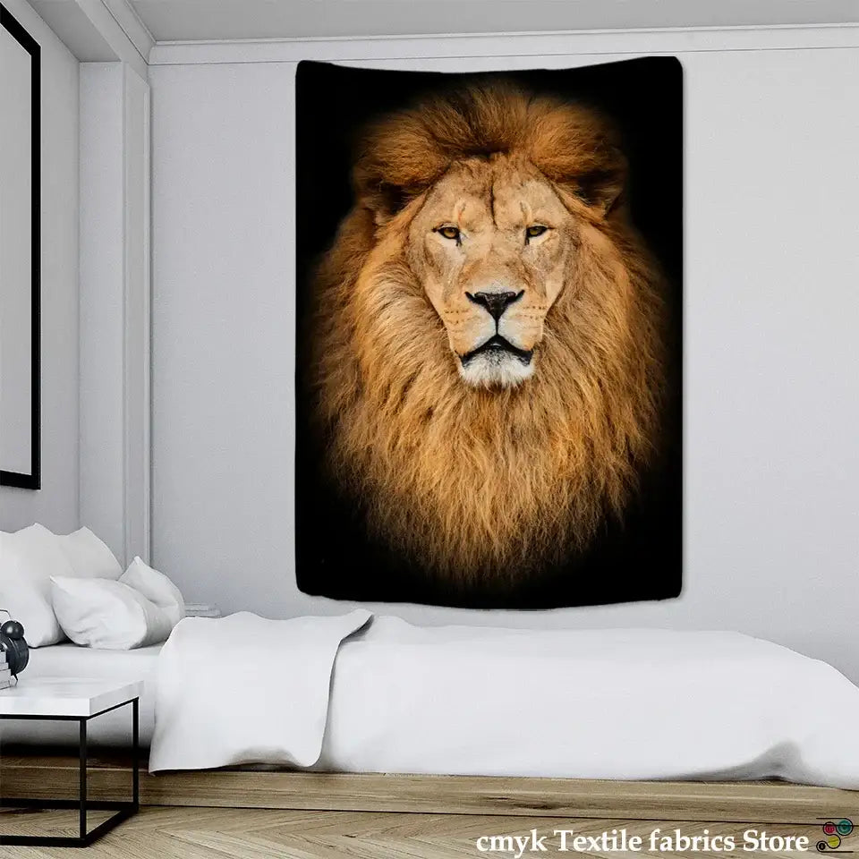 Rectangular black and gold lion world tapestry hanging cloth with photorealistic male lion portrait for living room wall art