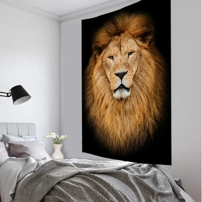 A black and gold lion world tapestry hanging cloth with a detailed golden-brown lion mane for living room wall art