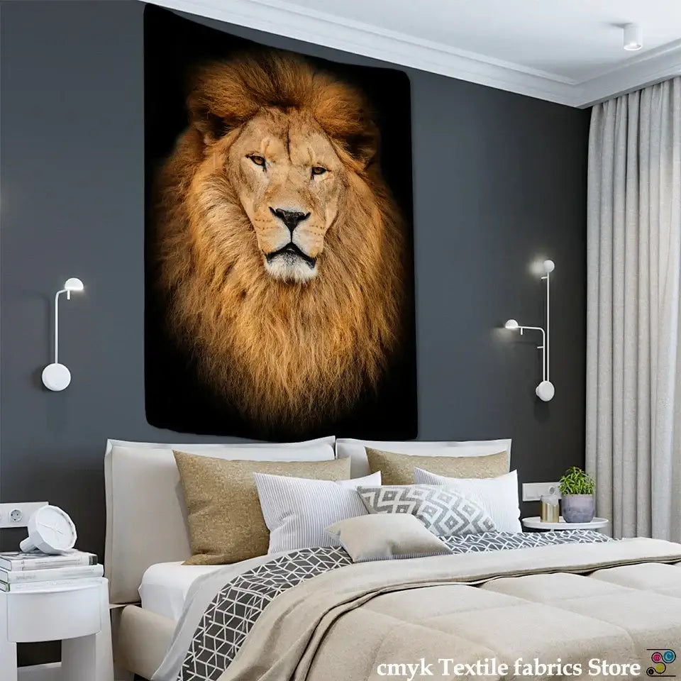 A rich golden-brown lion world tapestry with a thick mane hangs as a black and gold tapestry hanging cloth