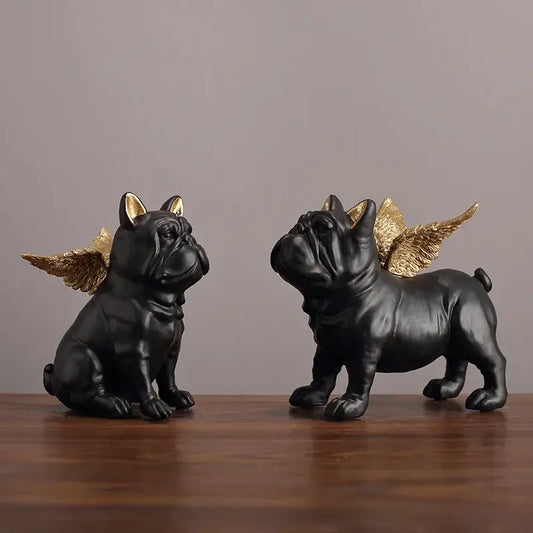 Two black french bulldog dog sculptures with gold wings one sitting and one standing for living room decor