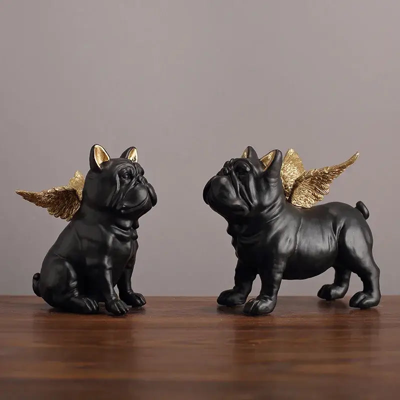 Two black french bulldog dog sculptures with gold wings one sitting and one standing for living room decor