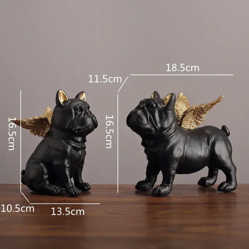 Black and gold winged french bulldog dog sculpture featuring sitting and standing figurines for living room decor