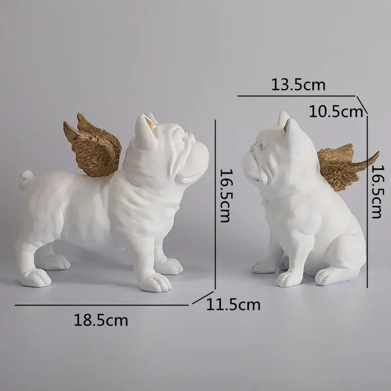 White ceramic french bulldog dog sculptures with gold wings one standing one sitting for living room decor