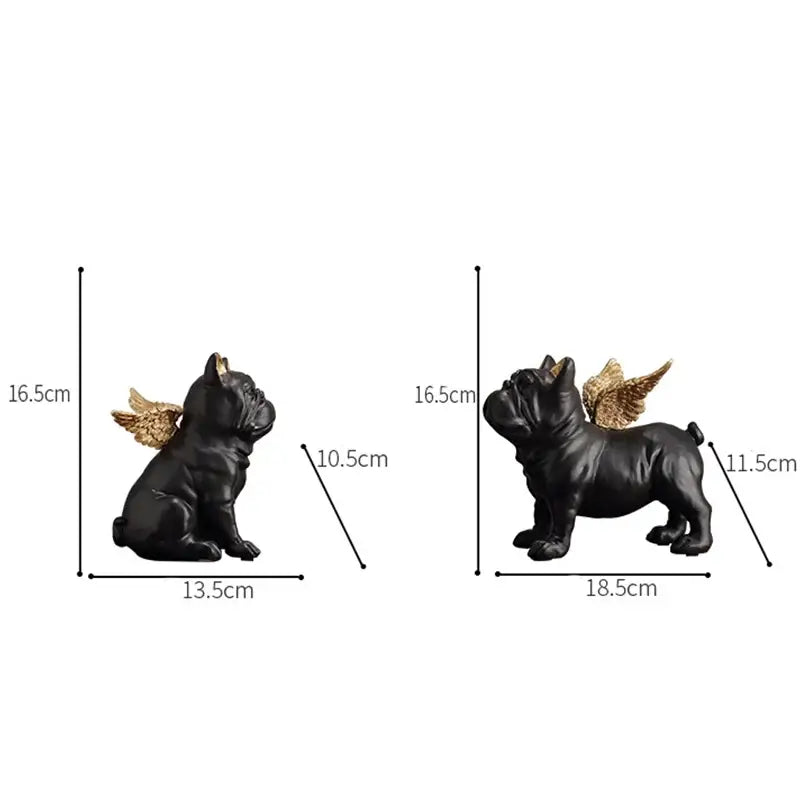 Black and gold winged french bulldog dog sculpture in glossy resin finish for living room decor