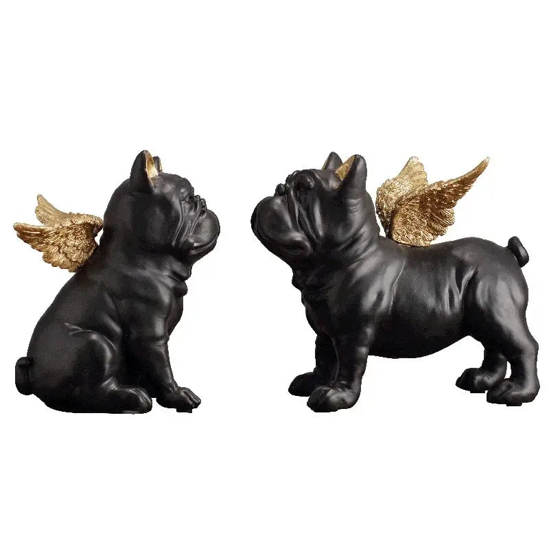 Two black resin french bulldog dog sculptures with gold wings one sitting and one standing for living room decor