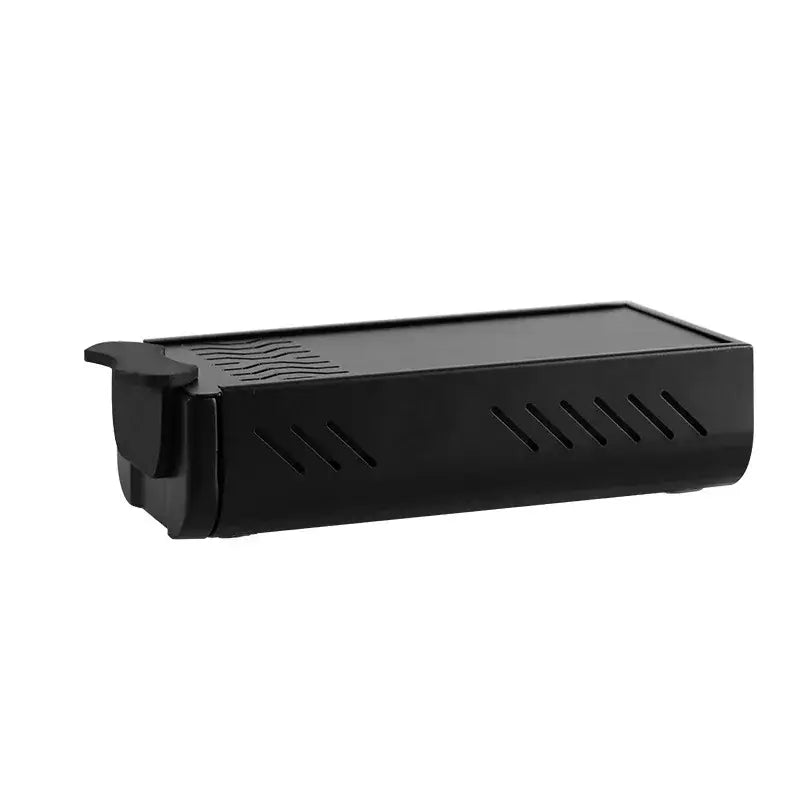 Black rectangular grill knockbox grounds bin with slanted vents and hinged lid for barista tamping station tray organizer