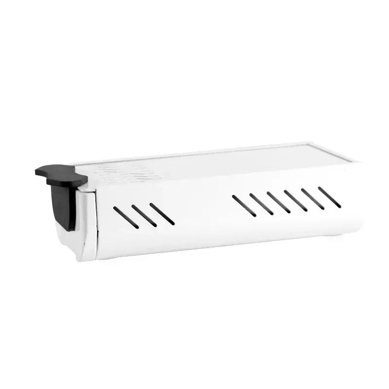 White rectangular barista tamping station tray with black ventilation slits and latch for knockbox grounds bin use