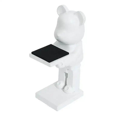 White cartoon bear watch stand holding a black rectangular tray for bedroom decor in iridescent purple accents