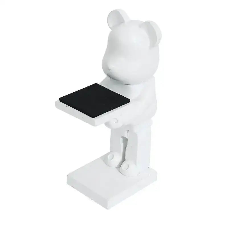 White cartoon bear watch stand holding a black rectangular tray for bedroom decor in iridescent purple accents
