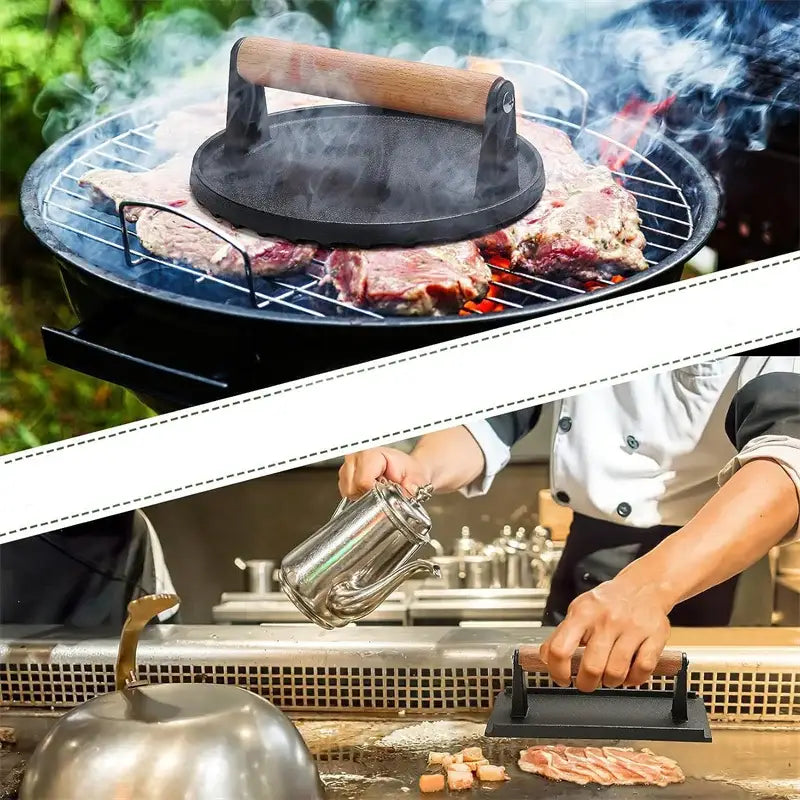 Black and light brown cast iron burger press with wooden handle decorbites cast iron kitchen meat tool