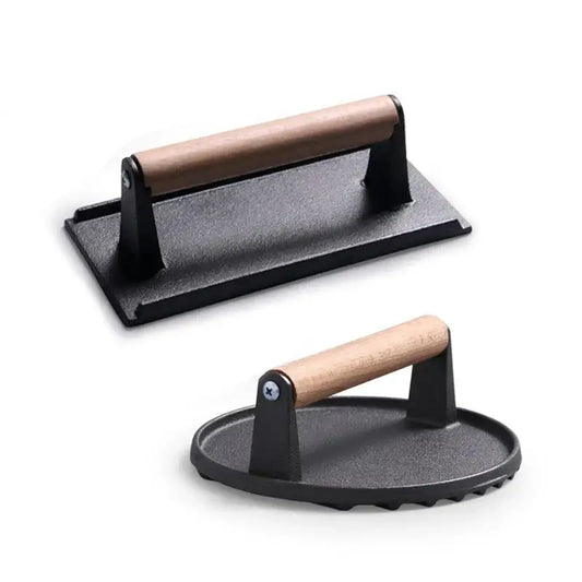 Black and light brown cast iron burger press with wooden handle decorbites cast iron kitchen meat tool
