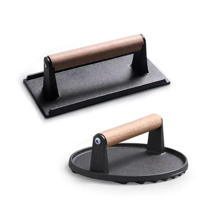 Black and light brown cast iron burger press with wooden handle decorbites cast iron kitchen meat tool