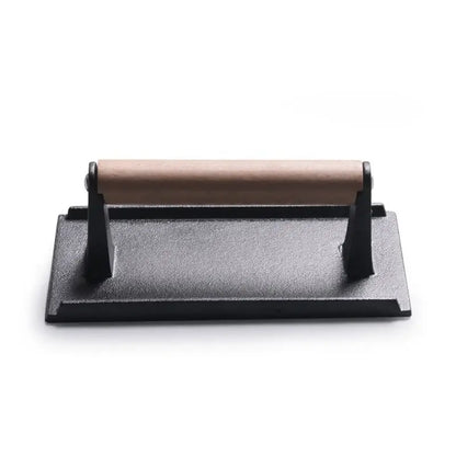 Black and light brown cast iron burger press with wooden handle decorbites cast iron kitchen meat tool
