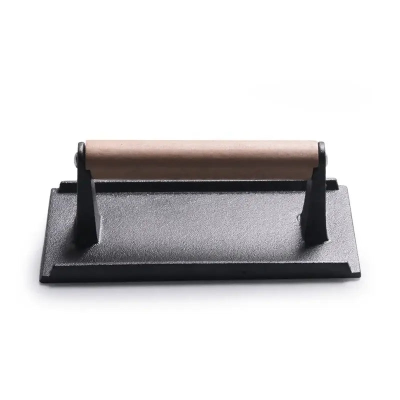 Black and light brown cast iron burger press with wooden handle decorbites cast iron kitchen meat tool