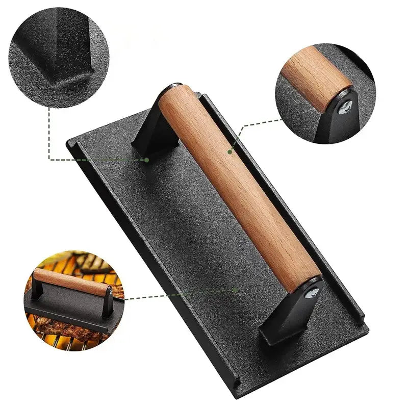 Black and light brown cast iron burger press with wooden handle from decorbites cast iron kitchen meat tool