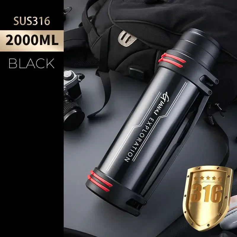 Black and red insulated stainless steel 2000ml outdoor travel flask with sus316 decorbites insulated stainless design