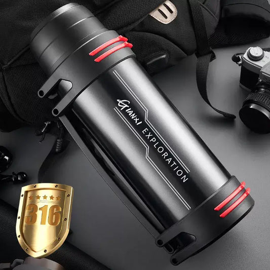 Black and red insulated stainless steel outdoor travel flask with decorbites insulated stainless design and gianxi exploration logo