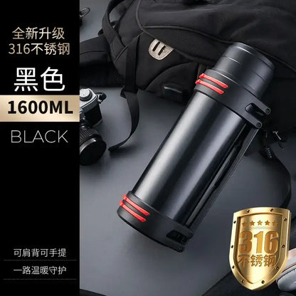 Black and red insulated stainless steel outdoor travel flask with 1600ml capacity and decorbites insulated stainless design