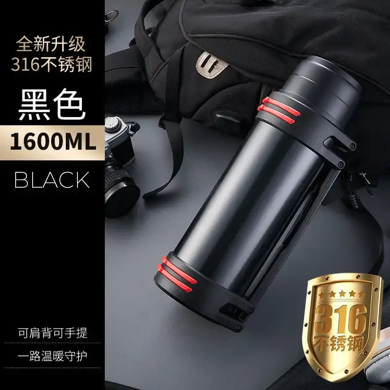 Black and red insulated stainless steel outdoor travel flask with 1600ml capacity and decorbites insulated stainless design
