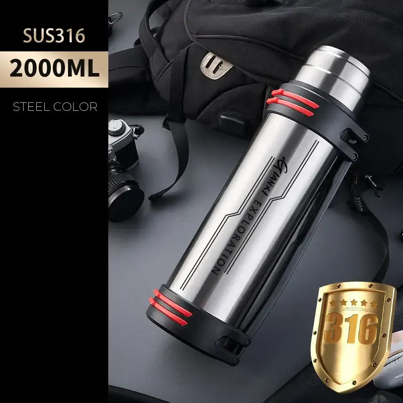 Silver insulated stainless steel 2000ml travel flask with black and red accents by decorbites insulated stainless