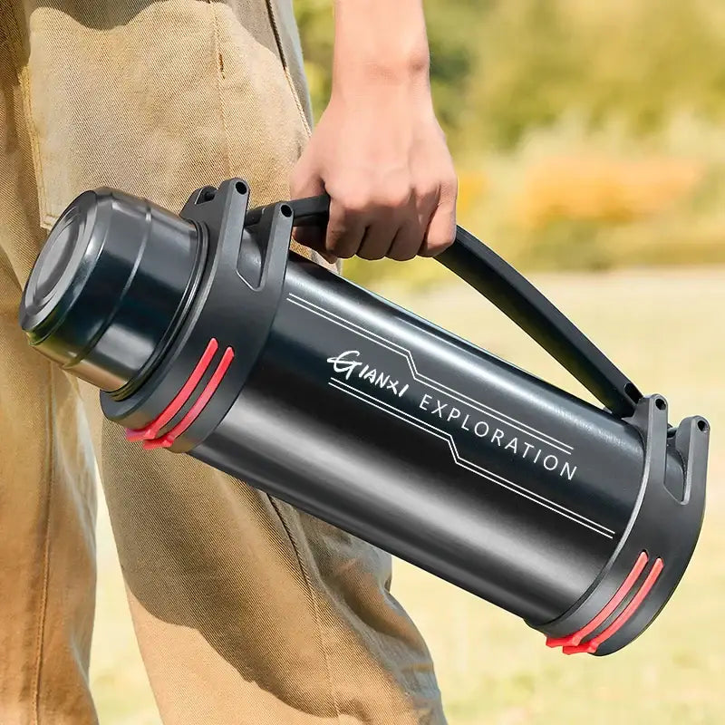 Black and red decorbites insulated stainless steel outdoor travel flask with sturdy handle and gianxi exploration branding