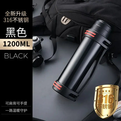 Black and red insulated stainless steel 1200ml outdoor travel flask with decorbites insulated stainless design and carrying strap