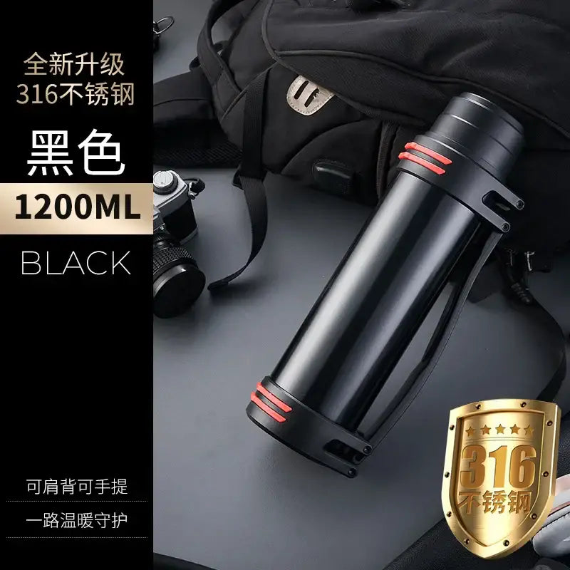 Black and red insulated stainless steel 1200ml outdoor travel flask with decorbites insulated stainless design and carrying strap
