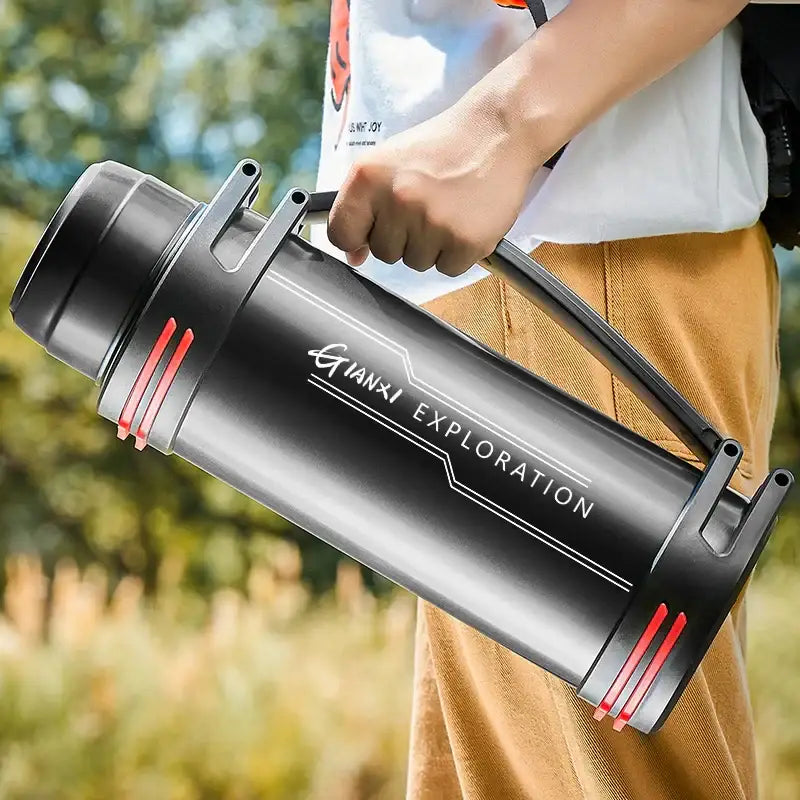 Black and red insulated stainless steel outdoor travel flask with decorbites insulated stainless qianxi exploration branding