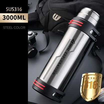 Silver stainless steel 3000ml insulated stainless steel outdoor travel flask with black and red accents by yanai exploration
