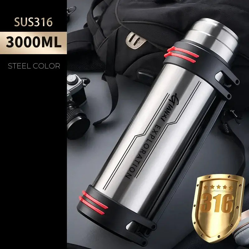 Silver stainless steel 3000ml insulated stainless steel outdoor travel flask with black and red accents by yanai exploration