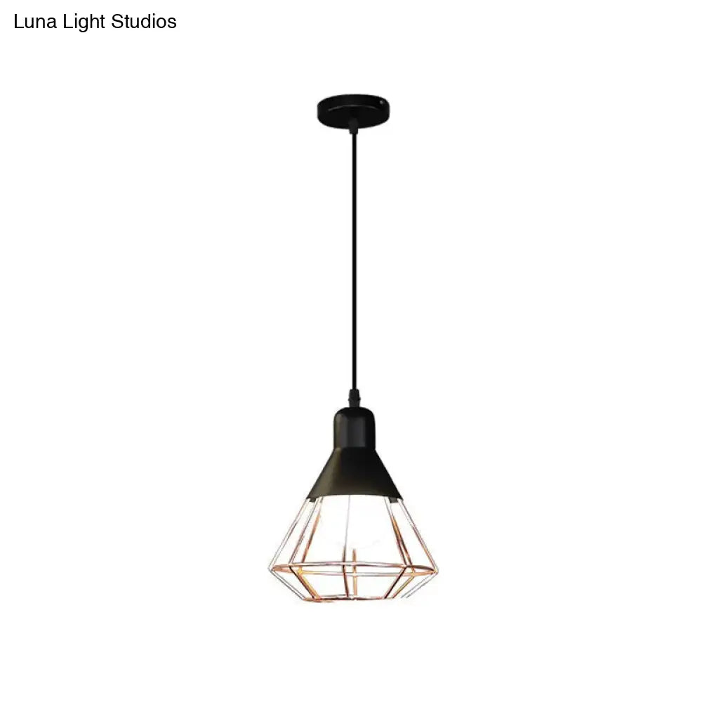 Black and Rose Gold Drop Pendant Ceiling Light - Loft Style Iron Cone/Cage Design