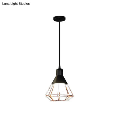 Black and Rose Gold Drop Pendant Ceiling Light - Loft Style Iron Cone/Cage Design