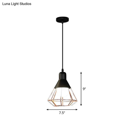 Black and Rose Gold Drop Pendant Ceiling Light - Loft Style Iron Cone/Cage Design