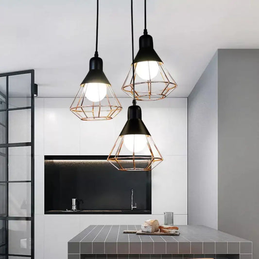 Black and Rose Gold Drop Pendant Ceiling Light - Loft Style Iron Cone/Cage Design